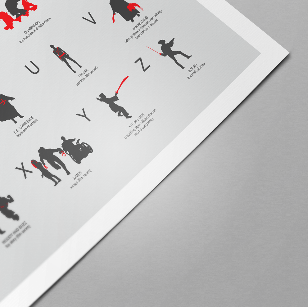 Hero ABC minimalist movie poster print, Geek art wall decor