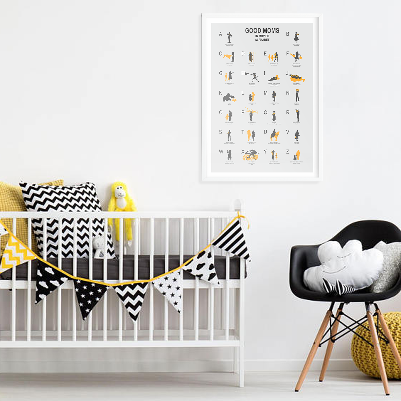 Mothers in movies ABC Poster minimalist movie, nursery alphabet in grey