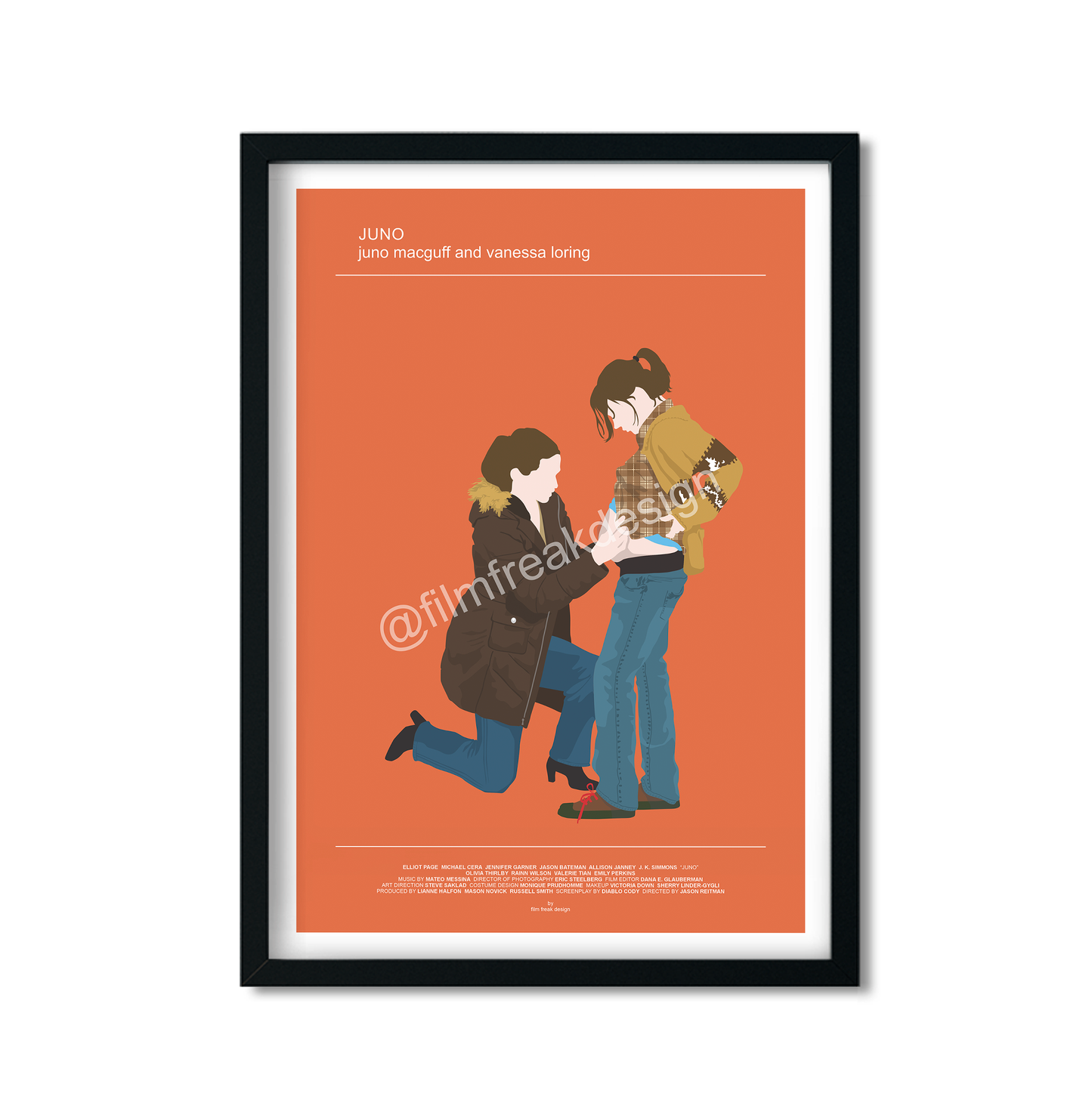 Juno 2007 poster, Elliot Page as Juno MacGuff, Jennifer Garner as Vanessa Loring