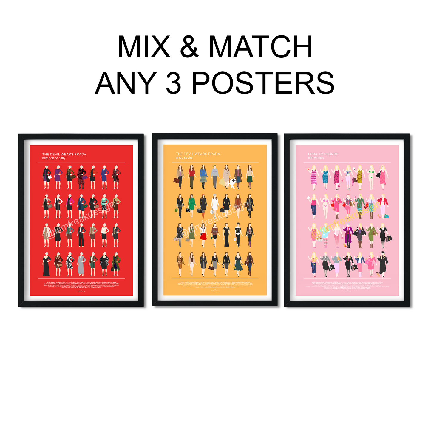 Set of 3 Prints, Mix and match gift, Fashion in movies, Minimalist posters