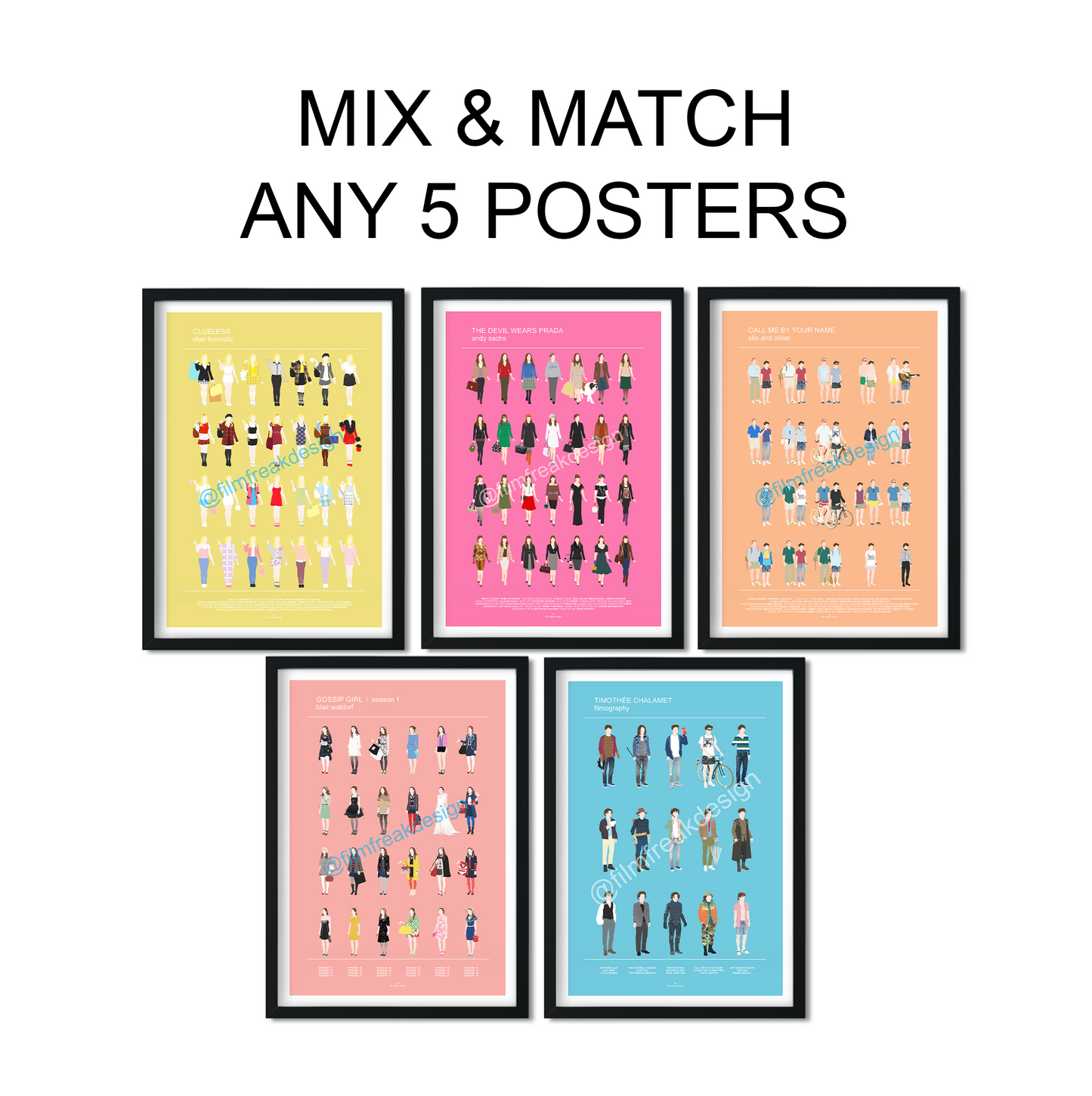 Mix and match set of 5 movie posters by Film Freak Design